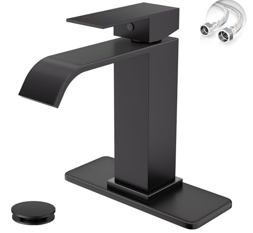 Matte Black Bathroom Faucets Evolvegoods Modern Waterfall Bathroom Faucet | Single Handle 1 or 3 Hole Bathroom Sink Faucet RV Mixer Tap Vanity Faucet with Deck Plate Pop-up Drain and Supply Lines - color: Matte Black