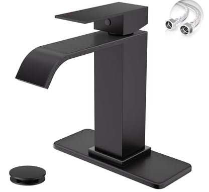 Matte Black Bathroom Faucets Evolvegoods Modern Waterfall Bathroom Faucet | Single Handle 1 or 3 Hole Bathroom Sink Faucet RV Mixer Tap Vanity Faucet with Deck Plate Pop-up Drain and Supply Lines - color: Matte Black