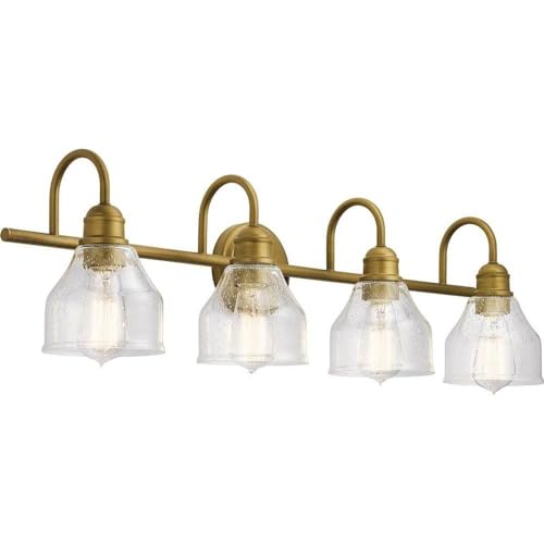 Kichler Avery 33.5" 4 Light Bathroom Vanity Light in Natural Brass, Vintage Bathroom Wall Mount Fixture with Clear Seeded Glass, (33.5" W x 9.25" H), 45974NBR - color: Natural Brass, size: 4-Light