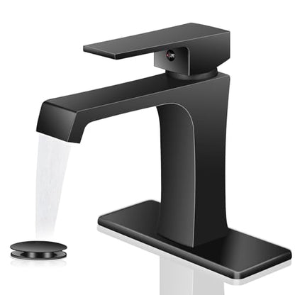 Waterfall Bathroom Faucet Black Bathroom Sink Faucet, Modern Single Hole Bathroom Faucet, Single Handle RV Sink Vanity Faucet—Includes Pop-Up Drain, Suitable for 1-Hole or 3-Hole - color: Black