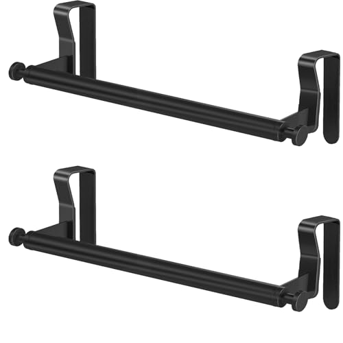 STWWO Over Cabinet Towel Holder with Hooks, 2 Pack Black Bars for Kitchen | Stainless Steel Over The Cabinet Towel Rack Bars, Dish Towel Holder for Kitchen Cabinet Doors - color: Black