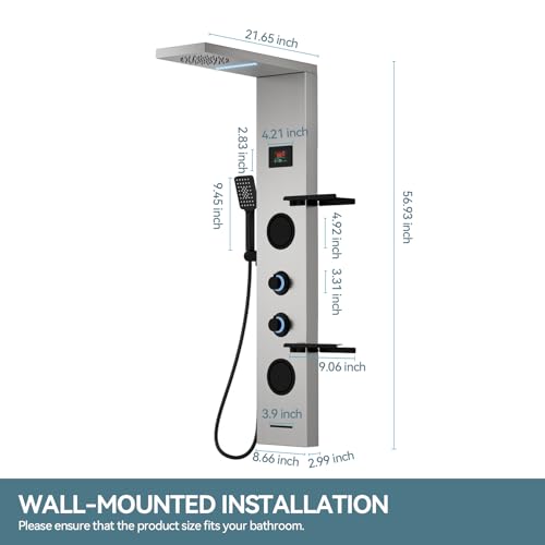 5 in 1 Brushed Nickel Rainfall Shower Panel Tower System With Storage Shelf | Stainless Steel Shower Tower with Rainfall Shower Handheld and Tub Spout Powerful Body Jets Shower Panel Set by BATHLAVISH - color: Brushed Nickel