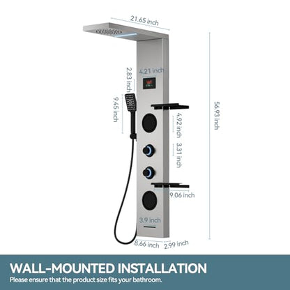 5 in 1 Brushed Nickel Rainfall Shower Panel Tower System With Storage Shelf | Stainless Steel Shower Tower with Rainfall Shower Handheld and Tub Spout Powerful Body Jets Shower Panel Set by BATHLAVISH - color: Brushed Nickel