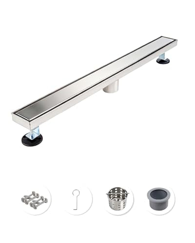 28 Inch Brushed Stainless Steel Linear Shower Drain | CUPC Certified 2-in-1 Tile Insert for Curbless Showers. 304 Steel, 15.8GPM Flow. Includes Hair Catcher & Adjustable Feet. - color: Brushed Stainless, size: 28in