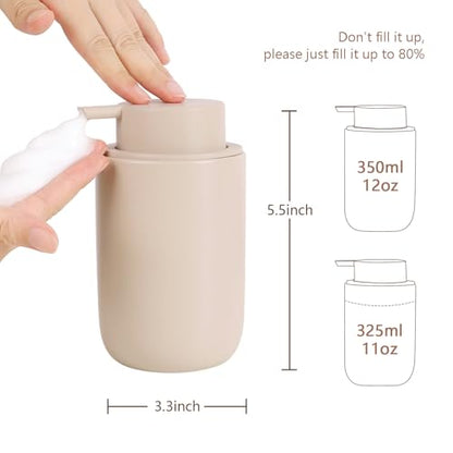 BosilunLife Foaming Soap Dispenser Set - Khaki Ceramic Foam Hand Dispenser | 12oz Soap Dispenser Set with Rust Proof Pump, 4Pcs Clear Stickers for Kitchen, Bathroom - 2 Pack - color: Khaki-foam Pump