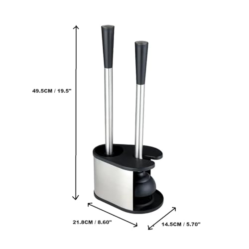 J&V TEXTILES 2-in-1 Toilet Plunger and Brush Set, Extended Stainless Steel Handle, Black Bathroom Cleaning Tools with Storage Holder, Heavy Duty Combo Pack
