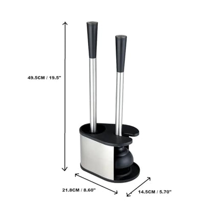 J&V TEXTILES 2-in-1 Toilet Plunger and Brush Set, Extended Stainless Steel Handle, Black Bathroom Cleaning Tools with Storage Holder, Heavy Duty Combo Pack