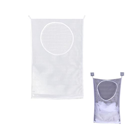 Hanging Laundry Hamper Bag with Adhesive Hooks Large Portable Mesh Laundry Bag Organizer for Dirty Clothes Storage RV Trailer Door Camper Camping Caravan Small Space Bathroom
