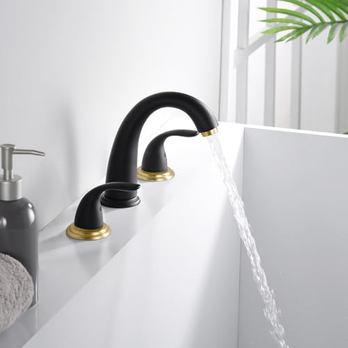 SUMERAIN 2 Handle Bathroom Roman Bathtub Faucet, Black and Gold | 3 Hole, High Flow, Tub Filler, with Valve, Brass, Classic Style - color: Black and Gold, size: 4-29/32" spout reach