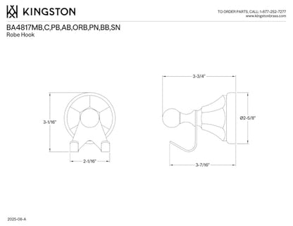 Kingston BA4817BB Metropolitan Robe Hook, Brushed Brass - color: Brushed Brass