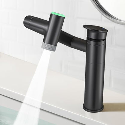 Modern Bathroom Faucet 1 Hole with Temperature Display, Matte Black | Batteries-Free, 1080° Rotatable Single Hole Bathroom Faucet, Single Handle Bathroom Vanity Faucets, 2 Spray Modes - color: Matte Black