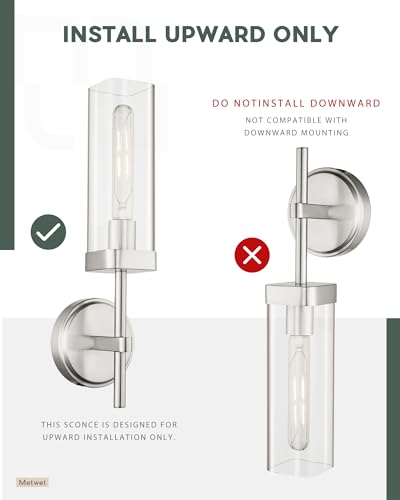 Set of 2 Brushed Nickel Bathroom Sconces, Square Clear Glass | Modern bathroom vanity light fixtures, upward-only mount, E26 base, hardwired, bulbs not included, VL262-BN-2PK - color: Brushed Nickel-Square Clear Glass, 2-Pack
