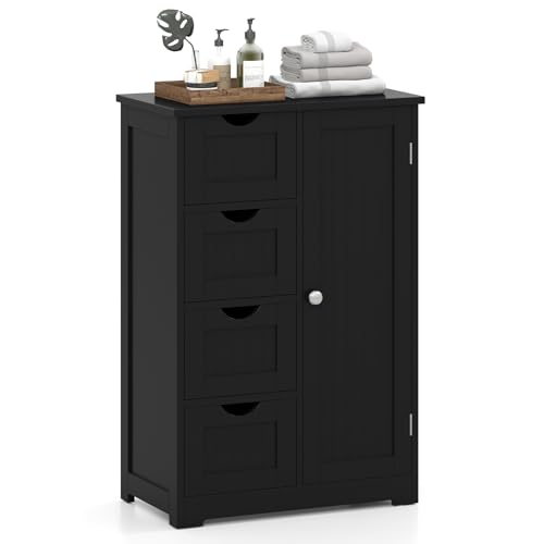Giantex Bathroom Storage Cabinet with Drawers - 4 Drawer Storage Organizer w/Cupboard, Adjustable Shelf, Anti-Toppling Device, Entryway Storage Unit Console Table, Bathroom Floor Cabinet (Black) - color: Black