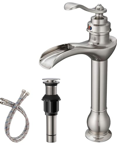 BWE Vessel Sink Faucet Brushed Nickel Tall Waterfall Bathroom Faucet | Bathroom Vanity Faucet with Pop Up Drain Assembly and Supply Hose Single-Handle 1 Hole Lavatory Mixer Tap Tall Body - color: Brushed Nickel