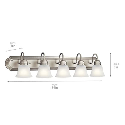 Kichler 36" 5-Light Vanity Bath Light in Brushed Nickel, Modern Bathroom Light with Clear Satin Etched Glass, (36" W x 8" H), 5339NIS - color: Brushed Nickel, size: 36"