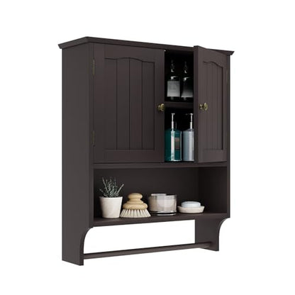 Smuxee Brown Wall Cabinet with Towel Bar - Medicine Cabinet with Adjustable Shelves, Over Toilet Cabinet for Laundry Room Kitchen - color: Brown Big With Towels Bar