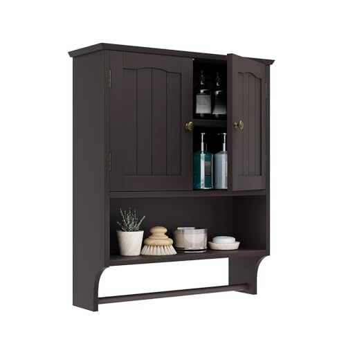 Smuxee Brown Wall Cabinet with Towel Bar - Medicine Cabinet with Adjustable Shelves, Over Toilet Cabinet for Laundry Room Kitchen - color: Brown Big With Towels Bar