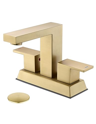 Tohlar Brushed Gold 2 Handle 4 Inch Centerset Bathroom Faucet with Pop Up Drain and 2 Lead-Free Hoses - color: Brushed Gold