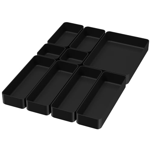 Black Bathroom Drawer Organizer Trays: 9 PC Stackable Desk Organizers Bin | vanity office kitchen modern shallow containers modular storage - color: Black