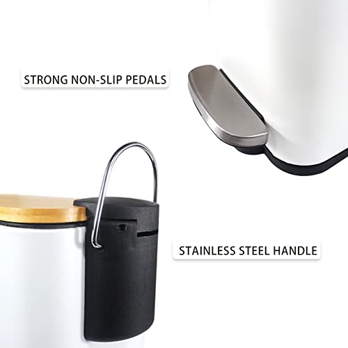 SIDIANBAN Bathroom Trash Can with Bamboo Lid Soft Close and Foot Pedal, Small Rectangular Slim Garbage Can with Inner Wastebasket for Bedroom, Office, Kitchen, 1.3Gal/5L, White | Small Rectangular Slim Garbage Can with Inner Wastebasket for Bedroom, Offic