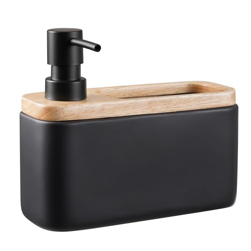 RQYIXI 2-in-1 Ceramic Soap Dispenser with Sponge Holder, Black, 17 Oz | natural acacia wood accent rectangular modern kitchen sink organizer caddy pump countertop farmhouse - color: White Wax Wood Square