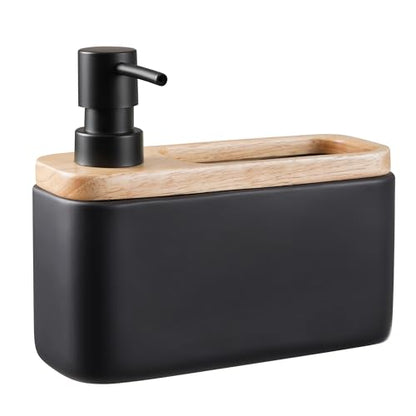RQYIXI 2-in-1 Ceramic Soap Dispenser with Sponge Holder, Black, 17 Oz | natural acacia wood accent rectangular modern kitchen sink organizer caddy pump countertop farmhouse - color: White Wax Wood Square
