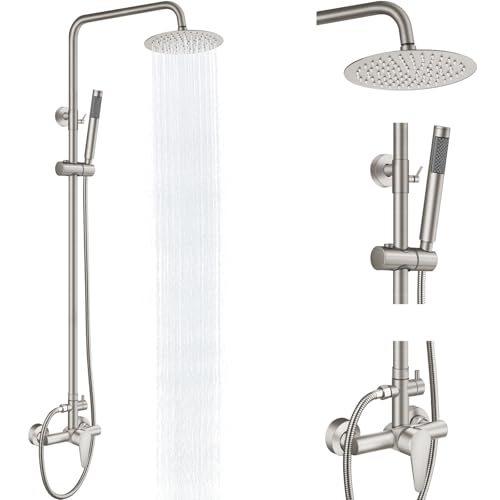 Outdoor Shower Kit, 8-Inch Rain Head and Handheld, Brushed Nickel | Dual-Function Outdoor Shower Kit With An 8-Inch Rain Head, Handheld Spray, Adjustable Slide Bar And Single-Handle Control - color: Nickel