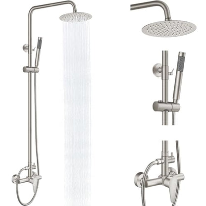 Outdoor Shower Kit, 8-Inch Rain Head and Handheld, Brushed Nickel | Dual-Function Outdoor Shower Kit With An 8-Inch Rain Head, Handheld Spray, Adjustable Slide Bar And Single-Handle Control - color: Nickel