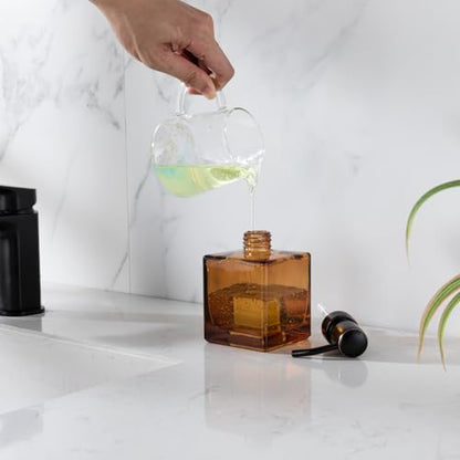 Square Bathroom Soap Dispenser Amber Bottle with Oil Rubbed Bronze Pump, Retangle Cube 8.4 oz Glass Bottles with Stainless Steel Pump Hand Liquid Soap Dispenser Kitchen - color: Amber and Oil Rubbed Bronze