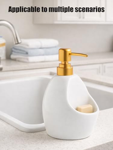 Ceramic Soap Dispenser with Sponge Holder – White Refillable Dish Soap Dispenser for Kitchen Sink, 2-in-1 Sink Organizer with Pump Bottle & Tray – Modern Farmhouse Countertop Accessory - color: White