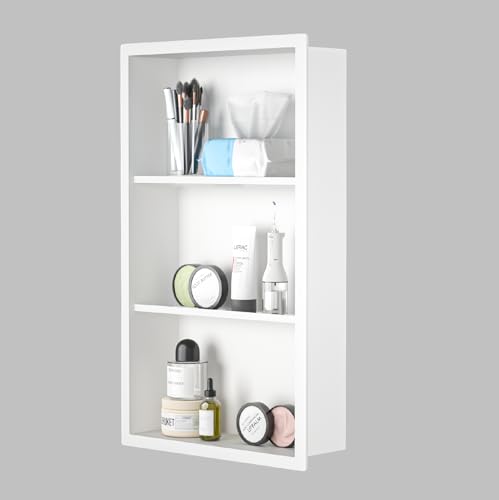 Stainless Steel Shower Niche 14"x 24" White with 3-Tier Shelf Recessed Niche Shower for Bathroom Wall No Tile Needed Medicine Cabinets - color: White, size: 14"x24"