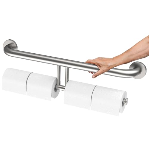 Brushed Nickel Double Toilet Paper Holder w/Safety Bar 24 inch, Zepolu 2-in-1 Assist Bar Balanced Support Handle, Stainless Steel Wall Mounted Bathroom Toilet Grab Bar for Senior Elderly Handicap - color: paper holder - brushed nickel, size: 24 Inch