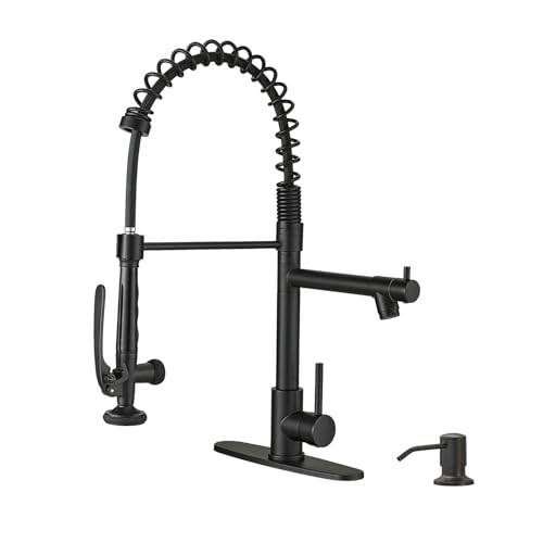Fapully Commercial Pull Down Kitchen Sink Faucet with Sprayer Matte Black | Single Handle Faucets for Kitchen Sink, Kitchen Faucet with Soap Dispenser and Deck Plack for 4 Holes, 1.8GPM Water Flow - color: Matte Black, style: Contemporary