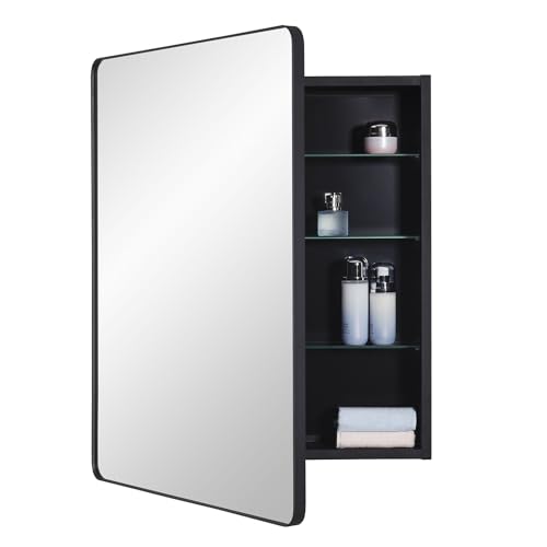 Black Bathroom Mirror Medicine Cabinet with Round Corner Framed Door 24 x 30 inch, Recessed or Surface Mount, with Adjustable Glass Shelves - size: 24 x 30 inch