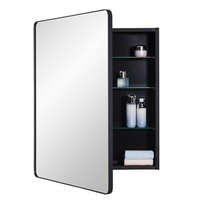 Black Bathroom Mirror Medicine Cabinet with Round Corner Framed Door 24 x 30 inch, Recessed or Surface Mount, with Adjustable Glass Shelves - size: 24 x 30 inch