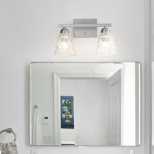 Mecgirn Stainless Steel Bathroom Vanity Light Over Mirror, 2 Light Brushed Nickel Bathroom Light Fixtures with Textured Glass Shades, Modern Vanity Lighting Wall Mount - color: Brushed Nickel, size: 2 Light