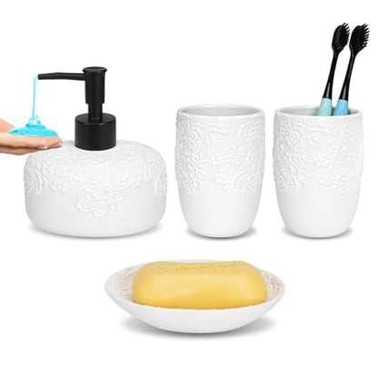 Bathroom Accessories Set, 4pcs Ceramic with Embossed Design Look Sets Bathroom Soap Dispenser 13.5oz & 2Pcs Ceramic Cup, 1Pcs Soap Dish - color: White-black