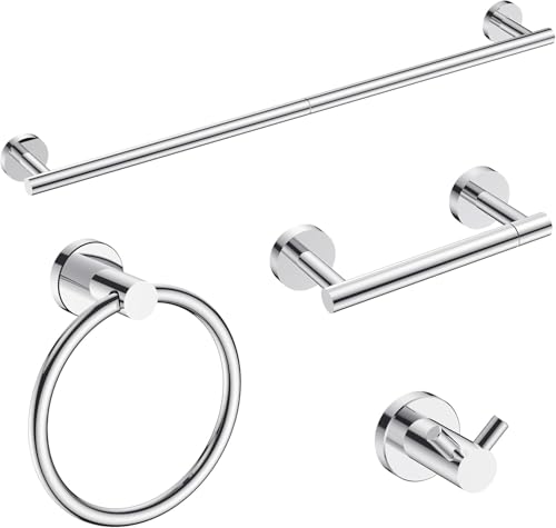 FORIOUS Bathroom Accessories, 4-Piece Bathroom Hardware Set - 18" Towel Bar | Chrome | Towel Hooks, Towel Racks for Bathroom, Toilet Paper Holder Wall Mounted & Towel Ring | SUS304 Stainless Steel - color: Chrome, size: 18 in | 4 Pieces