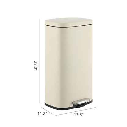 happimess Curtis 8 Gal Step Trash Can Soft Close 25", Limestone Beige | Iron Construction, Satin Finish, Removable Liner, Steel Pedal, 20 Trash Bags Included, Kitchen Office Bin - color: Limestone Beige