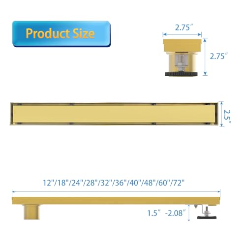 18" Linear Shower Drain Brushed Gold Drain with Tile Insert Grate | AISI 304 Stainless Steel Fast Drainage Rectangle Hidden Shower Trench,Detachable Hair Catcher Easy to install,Leveling Feet - color: Gold, size: 18 Inch (No Base)