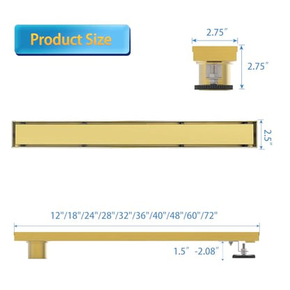 18" Linear Shower Drain Brushed Gold Drain with Tile Insert Grate | AISI 304 Stainless Steel Fast Drainage Rectangle Hidden Shower Trench,Detachable Hair Catcher Easy to install,Leveling Feet - color: Gold, size: 18 Inch (No Base)