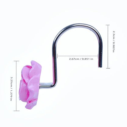 Twofish Home Pink Rose Flower Shower Curtain Hooks Anti Rust Shower Curtain Hooks Decorative Resin Pink Rose Flower Shower Curtain Rings Set of 12 - color: Pink Rose