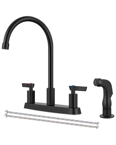 Kitchen Faucet with Side Sprayer, 8 Inch Centerset 4-Hole Black | Lead-Free 4-Hole High Arc Kitchen Sink Faucet, 1.8 GPM, 360° Spout - color: Black