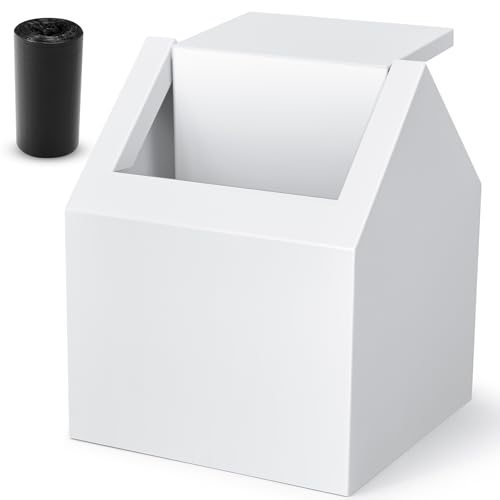 Double Entry Sanitary Napkin Receptacle Swing Top Floor Receptacle Tampon Disposal Bin with 100 Black Disposal Liner Bags, Feminine Waste Tampon Holder Bathroom Hygiene Container, White, Metal