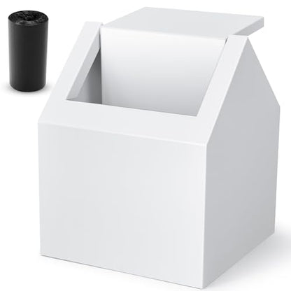Double Entry Sanitary Napkin Receptacle Swing Top Floor Receptacle Tampon Disposal Bin with 100 Black Disposal Liner Bags, Feminine Waste Tampon Holder Bathroom Hygiene Container, White, Metal
