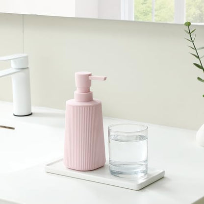 YAUKPH Small Soap Dispenser for Bathroom and Kitchen Matte Pink for Girls | Modern Farmhouse Striped Style Plastic Hand Soap Dish Soap Dispenser with Pump - color: Light Pink