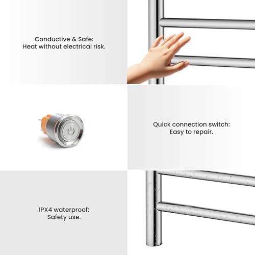 Kibi 24 Inch Wall-Mounted Electric Towel Warmer Rack– 8-Bar 304 Stainless Steel, ETL-Certified, Hardwired or Plug-in, Fast-Heat Up to 122 Degrees F – Heated Towel Rack for Bathroom (Chrome) - color: Chrome