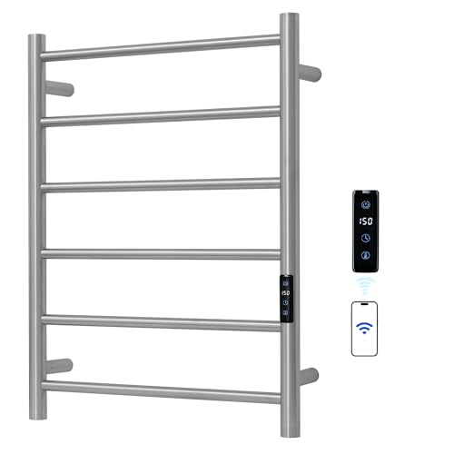 Electric Towel Rack with Voice Control for Alexa & Google Home,TUYA-Wall-Mounted Bathroom Heating Towel Warmer,Plug-in,26.77x20.47x4.39in,Stainless Steel Material,Brushed，6 Bars - color: Brushed With Wifi, size: 6 Bar