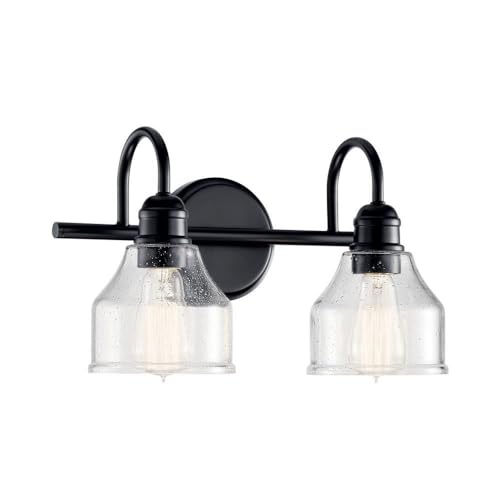 Kichler Avery 15" 2 Light Bathroom Vanity Light in Black, Vintage Bathroom Wall Mount Fixture with Clear Seeded Glass, (15" W x 9.25" H), 45972BK - color: Black, size: 2-Light