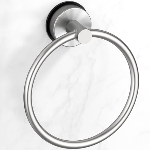 BKV Suction Cup Towel Ring,Hand Towel Holder for Bathroom,Stainless Steel Heavy Duty Round Towel Hanger for Bath,Kitchen-Brushed Nickel Silver - color: Silver
